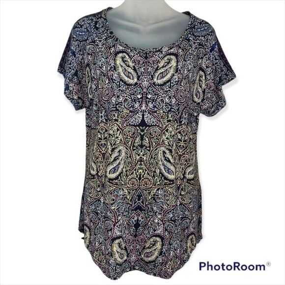 Lucky Brand Navy Paisley Print Short Sleeve Top Size Medium - Picture 2 of 7